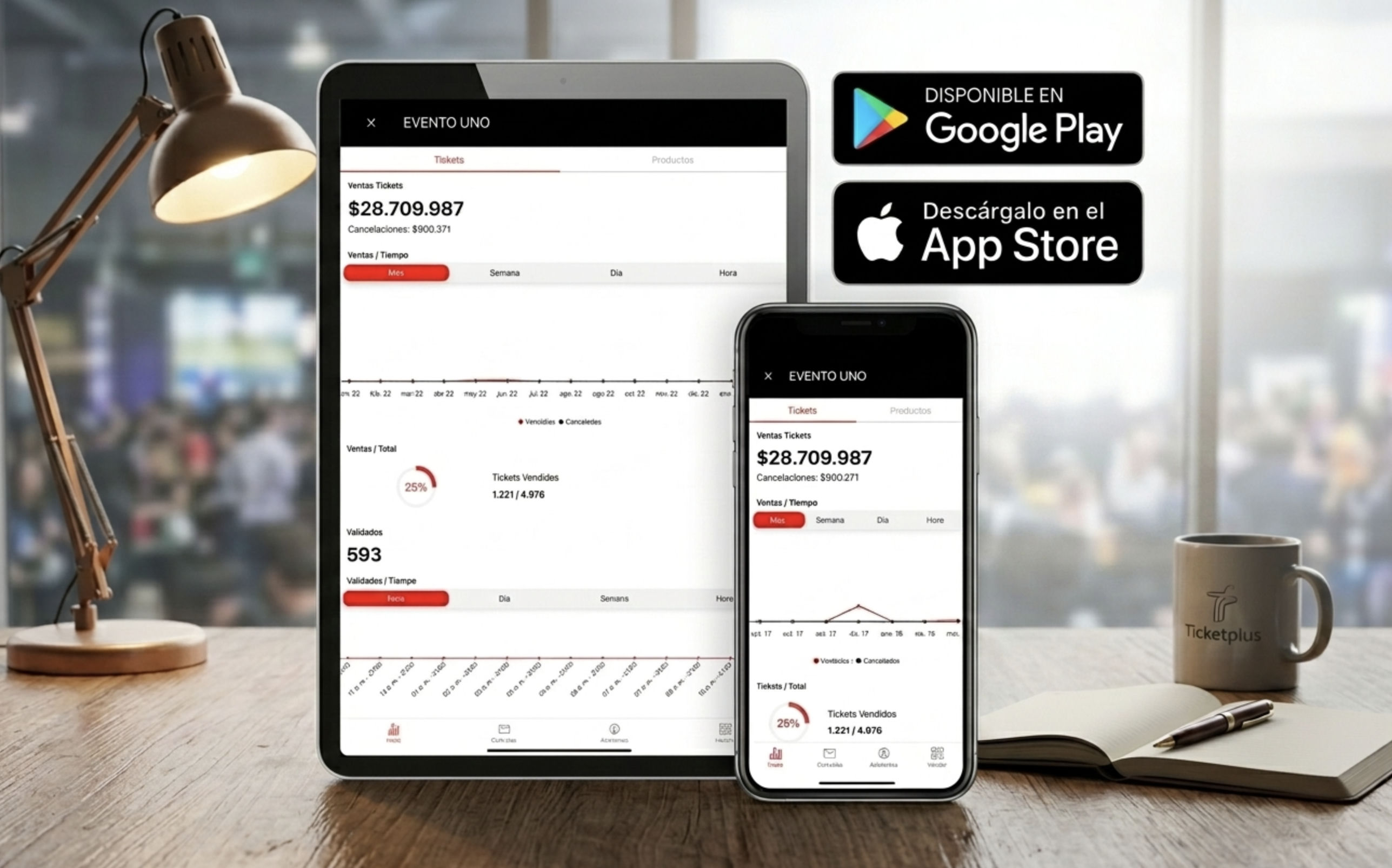 Ticketplus App Manager on tablet and smartphone over a desk showing sales, validated tickets and live charts