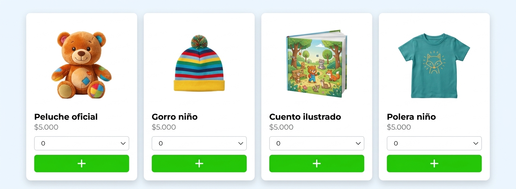 Ticketplus e-commerce with children's products (plush toy, hat, storybook, t-shirt) and add to cart button
