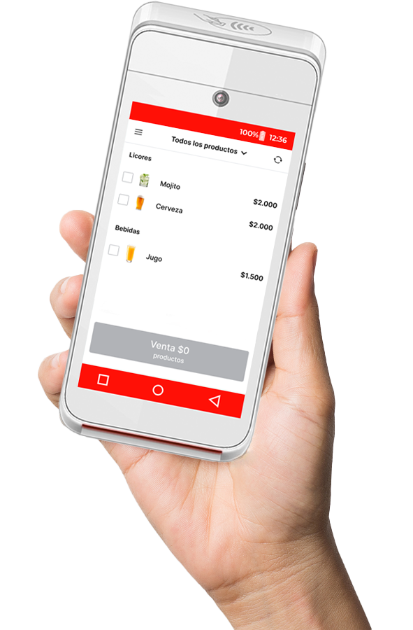 Hand holding Ticketplus Android POS with product view (liquor, drinks) and Sale button