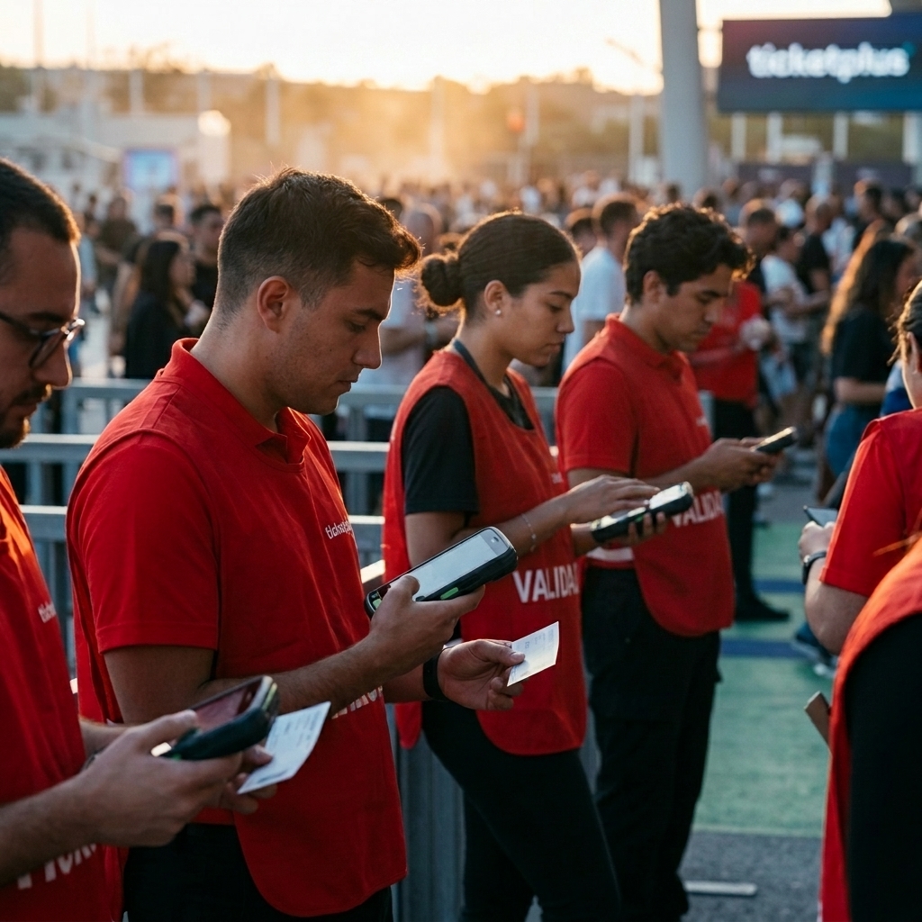 Ticketplus team validating QR codes at an event entrance at dusk, illuminated ticketplus sign in the background