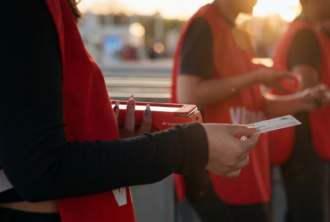 Ticketplus staff in red vest validating an ID at the event entrance at dusk